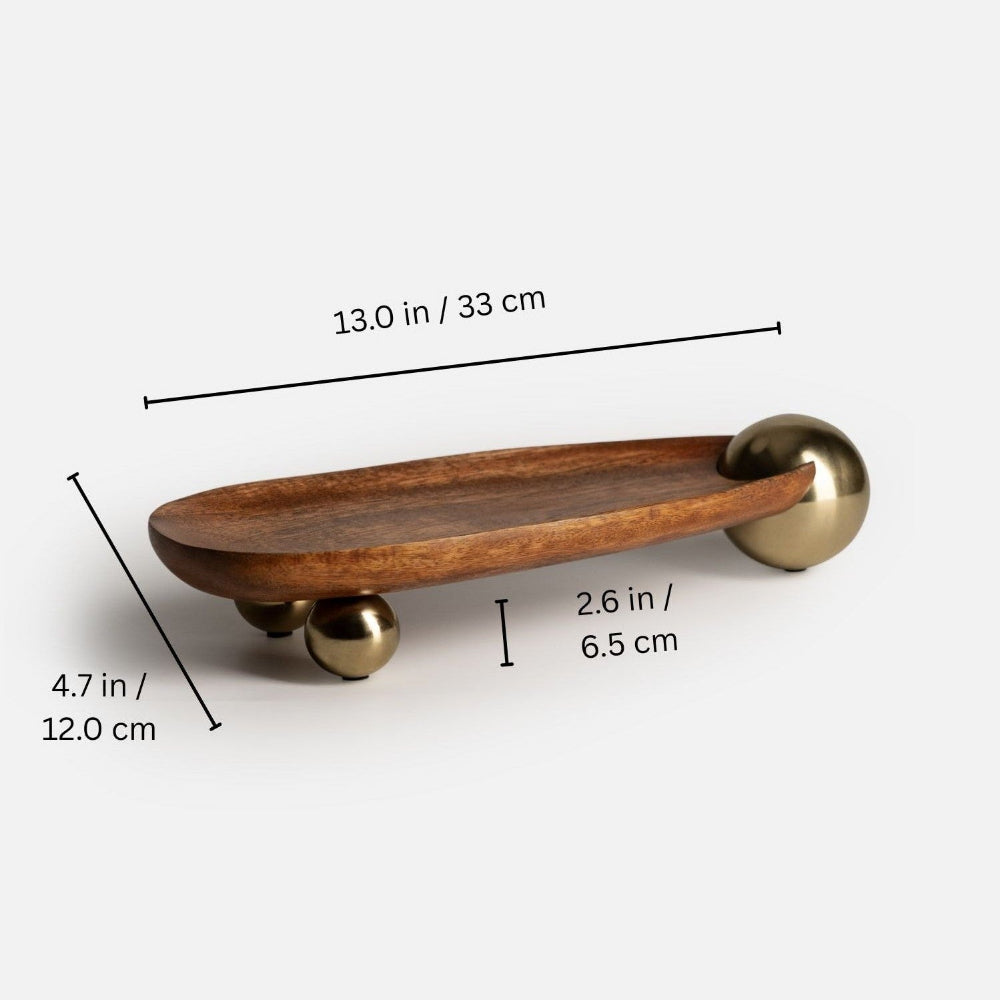 Wooden tray with gold accents and measurements on a white background