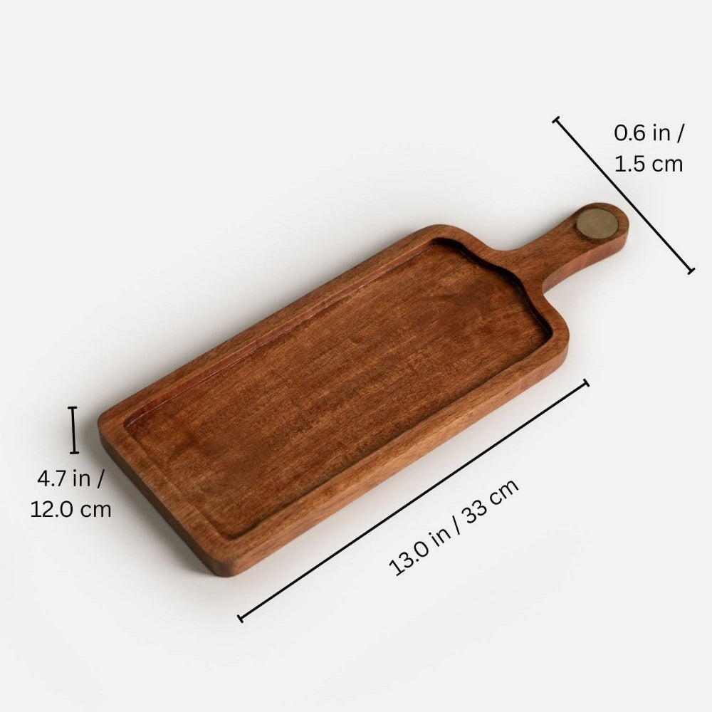 Wooden serving board with dimensions on a white background