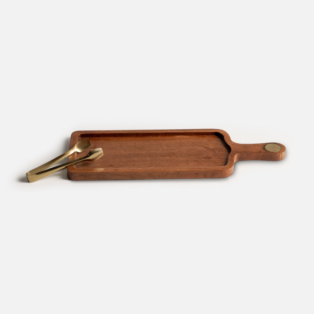 Wooden serving tray with handle on a white background
