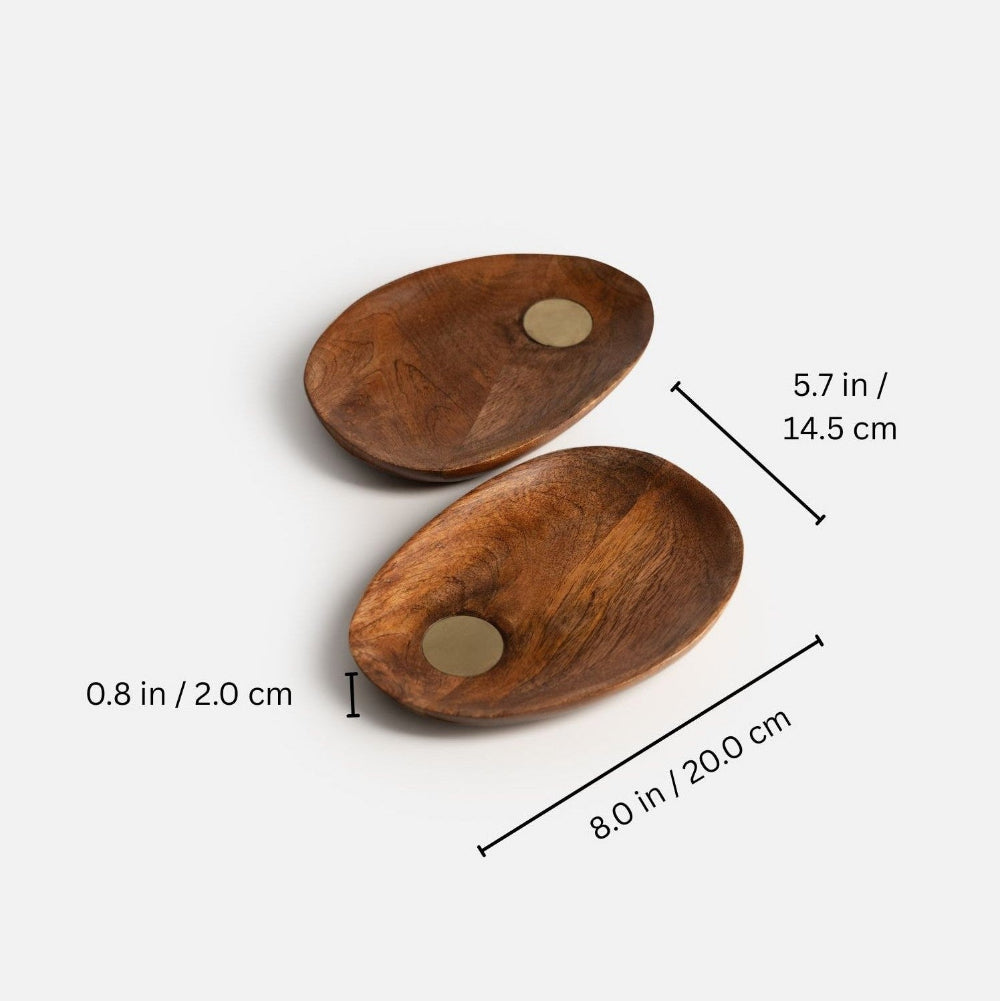 Two wooden trays with metal centers and measurements on a white background