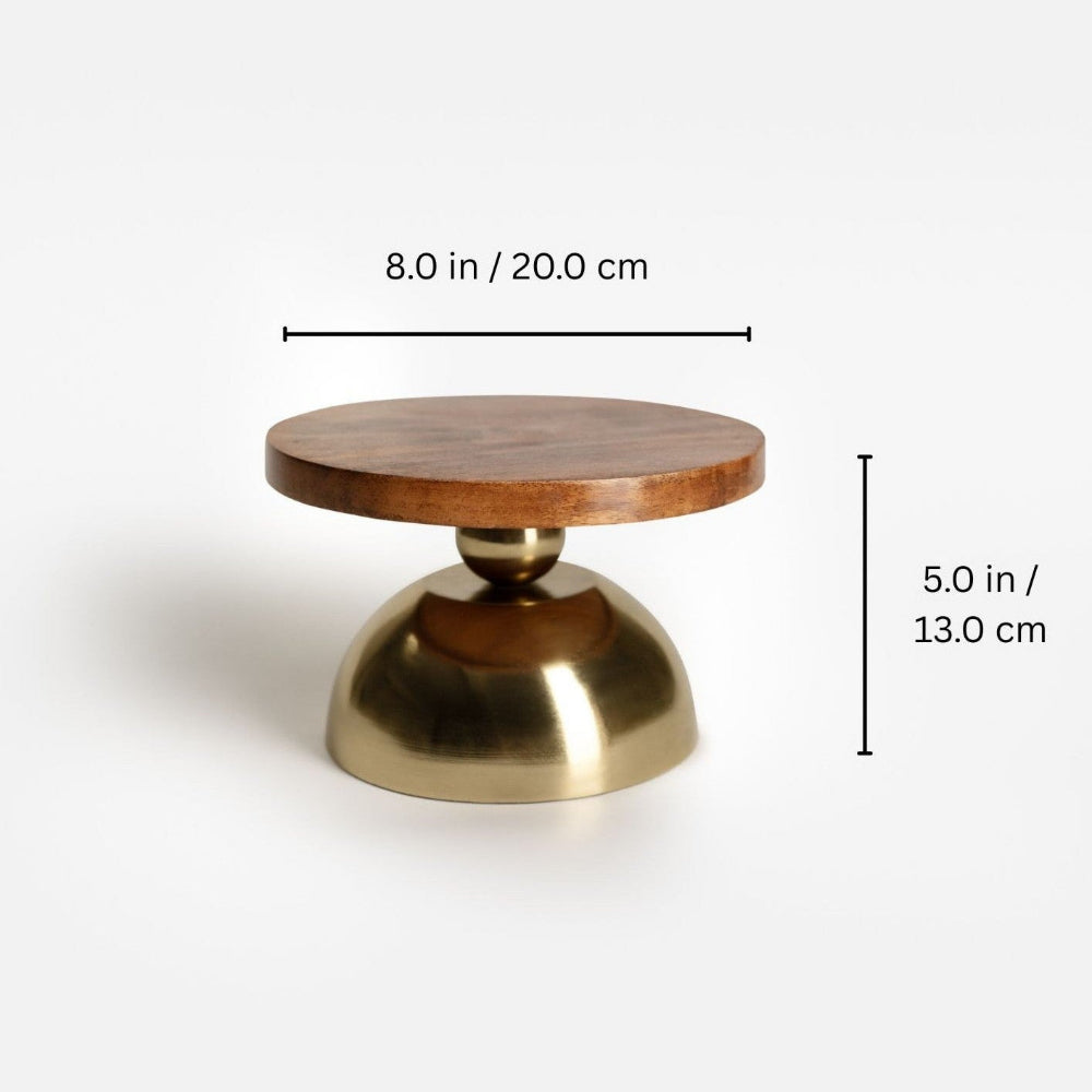 Small round table with wooden top and brass base, shown with measurements on a white background.
