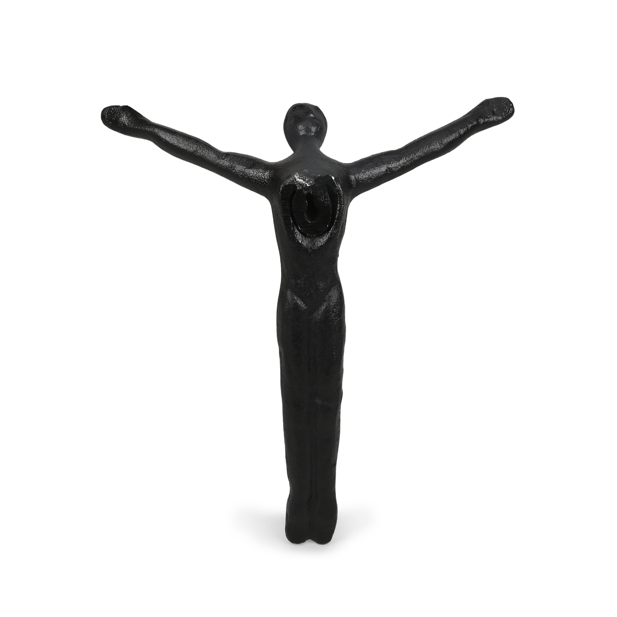 Black cast iron statue of a person with outstretched arms on a white background