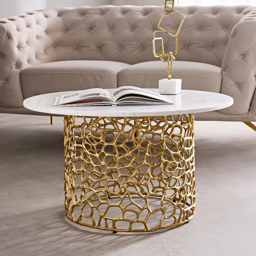 Premium Genuine Marble Top Coffee Table with Golden Aluminum Casting Base 