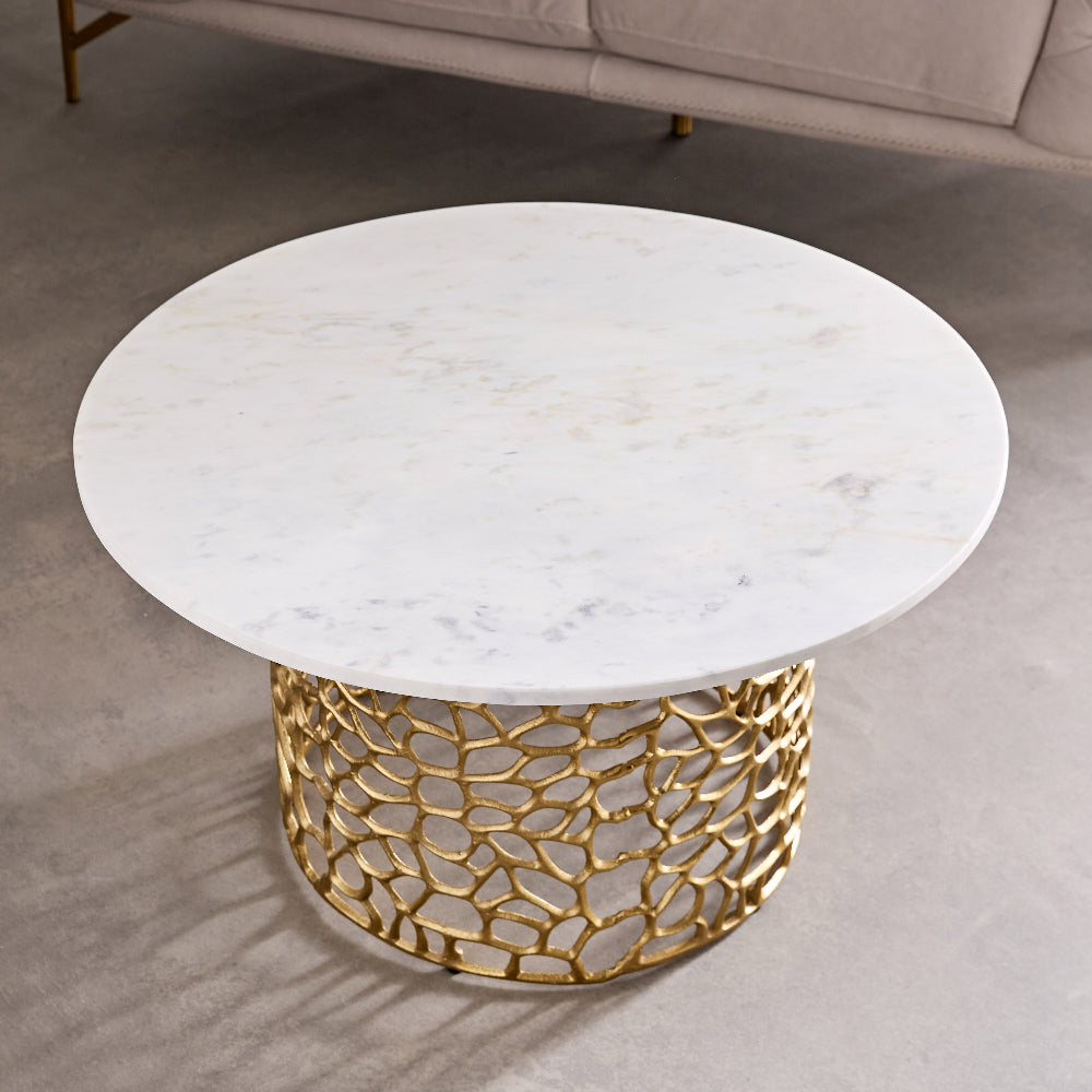 Premium Genuine Marble Top Coffee Table with Golden Aluminum Casting Base 