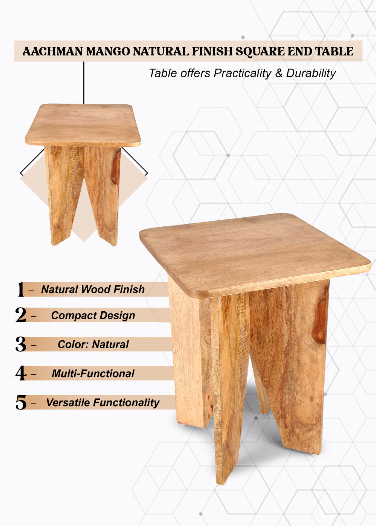 Aachman Mango Natural Finish Square End Table, 14 x 14 inches, handcrafted from sustainable mango wood with a smooth natural finish, suitable for various home decor styles