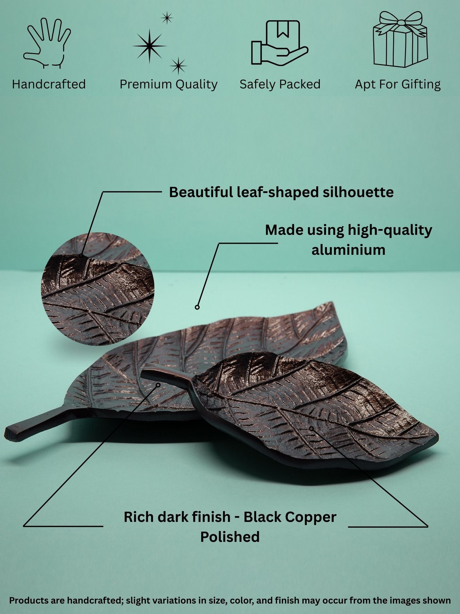 Leaf-shaped silhouette made of high-quality aluminium with text highlighting features on a green background