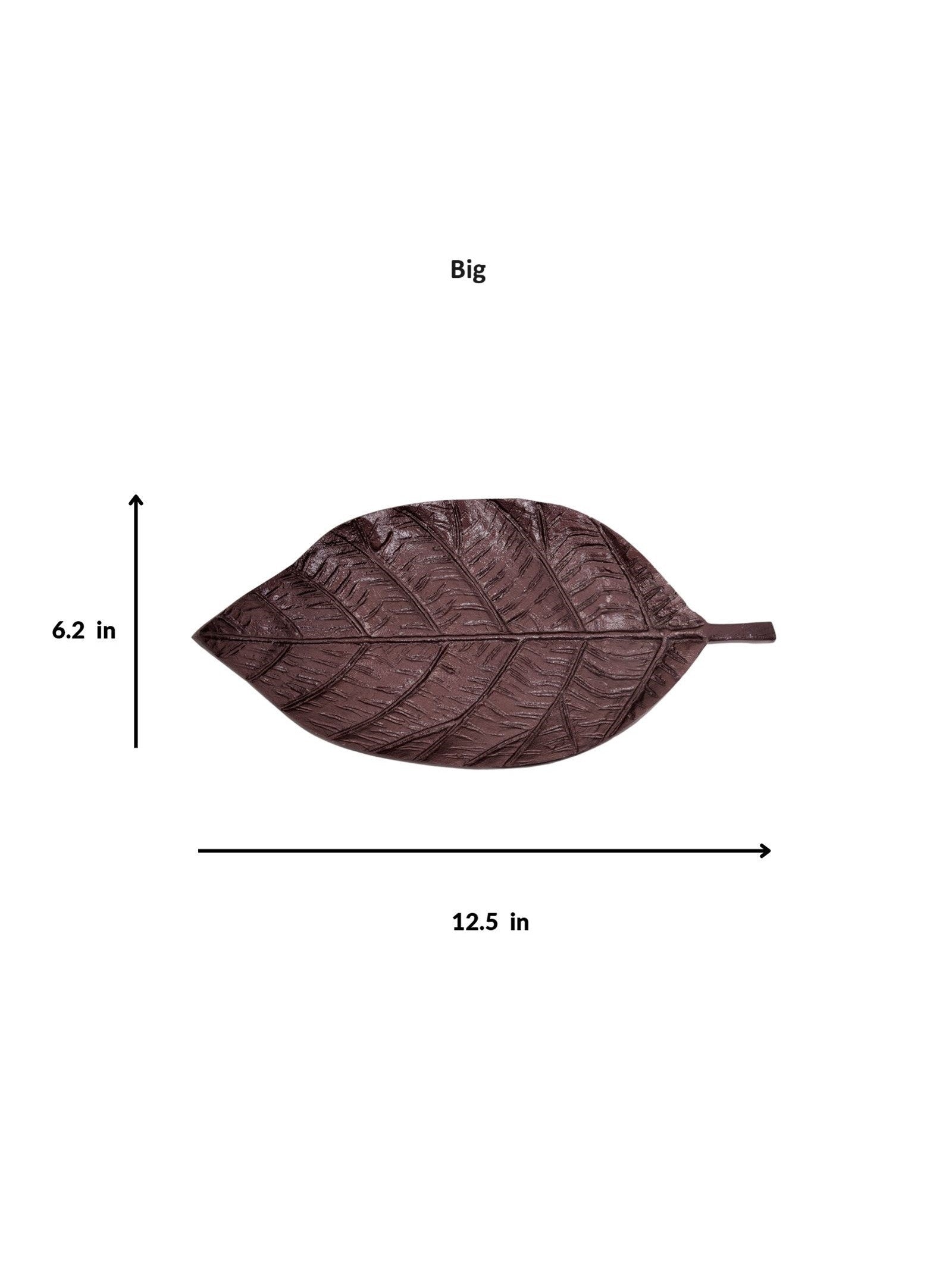 Brown leaf-shaped plate with measurements on a white background