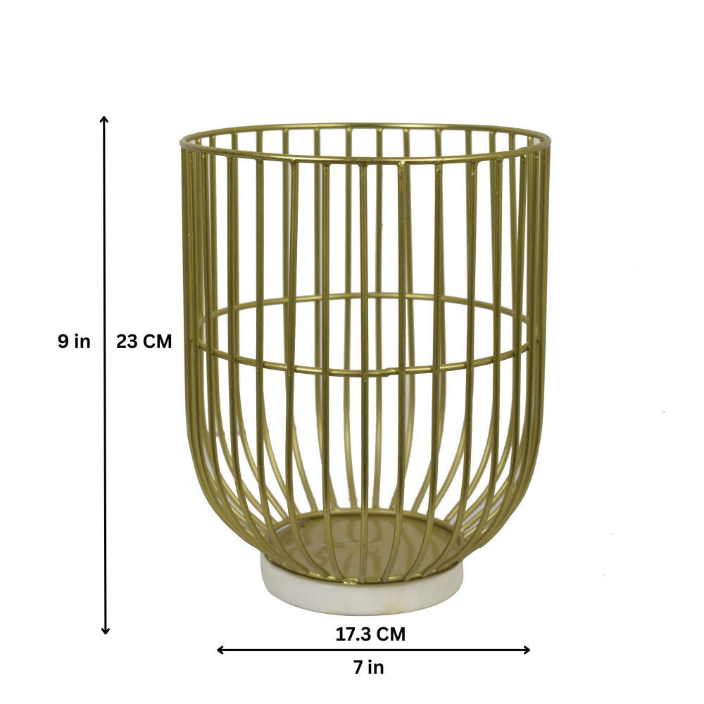 Wire Basket Pillar Candle Holder on Marble Base 9 inches tall