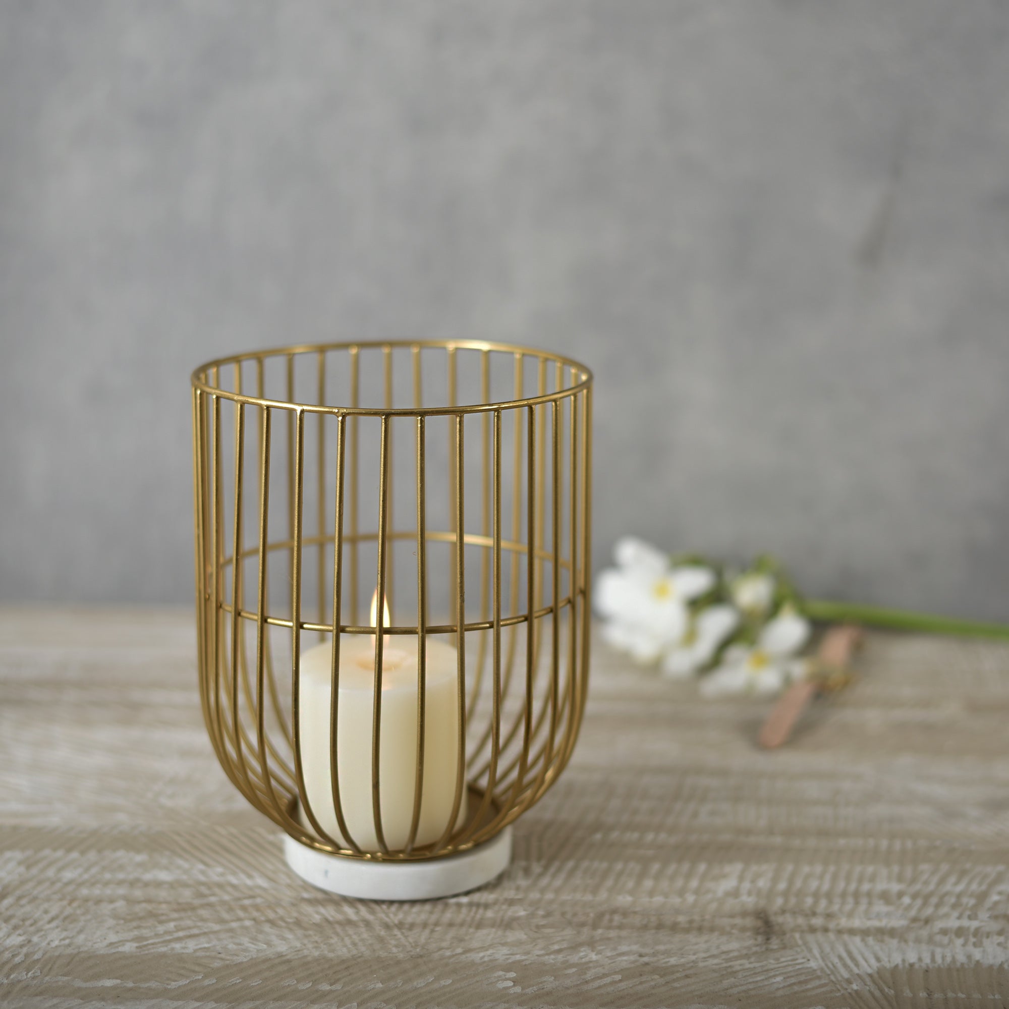 Wire Basket Pillar Candle Holder on Marble Base 9 inches tall