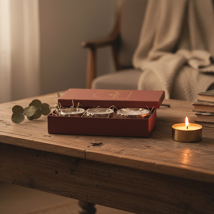 Red box with small containers on a wooden table with a lit candle, blurred background
