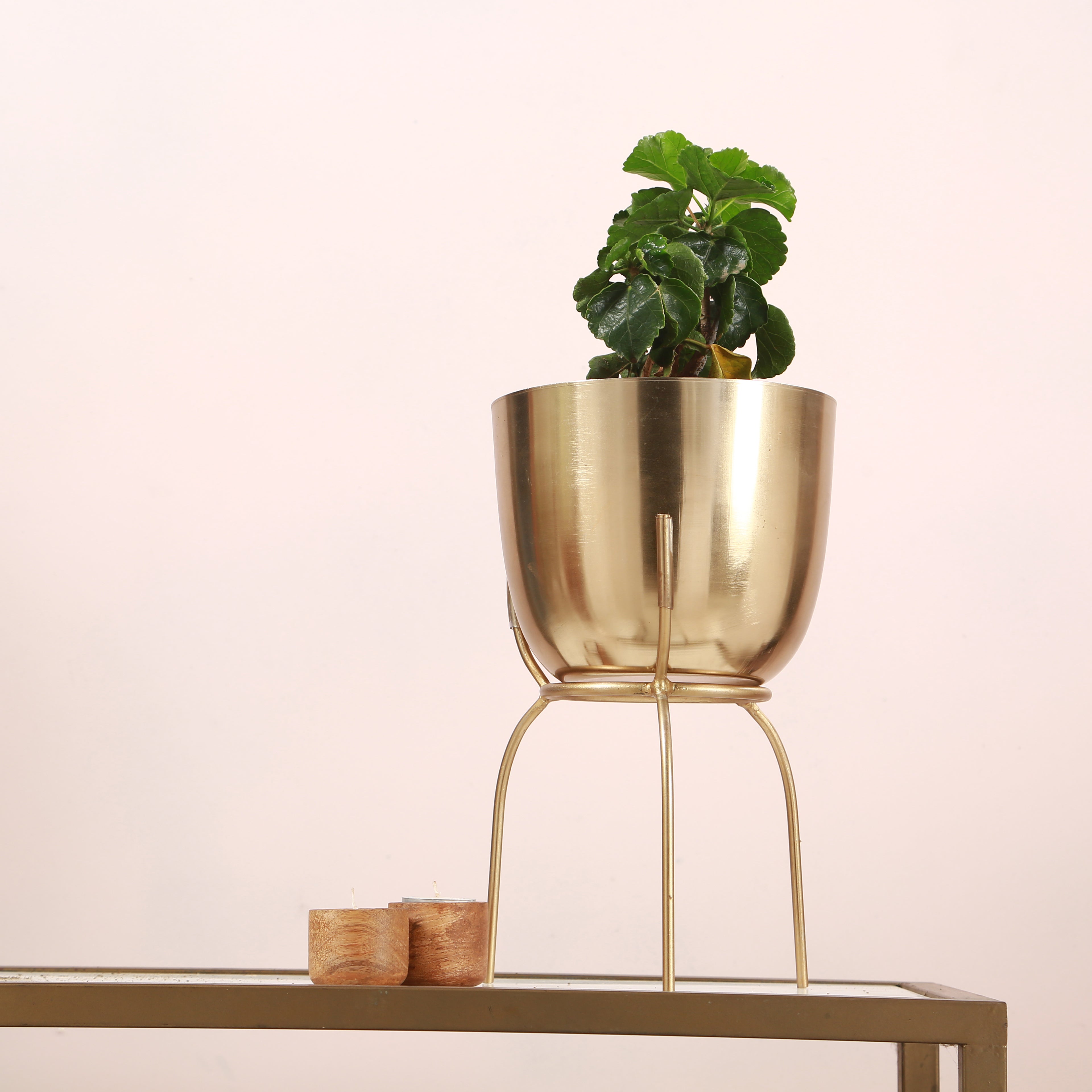 Golden Metal Planter with Stand 12 inch tall