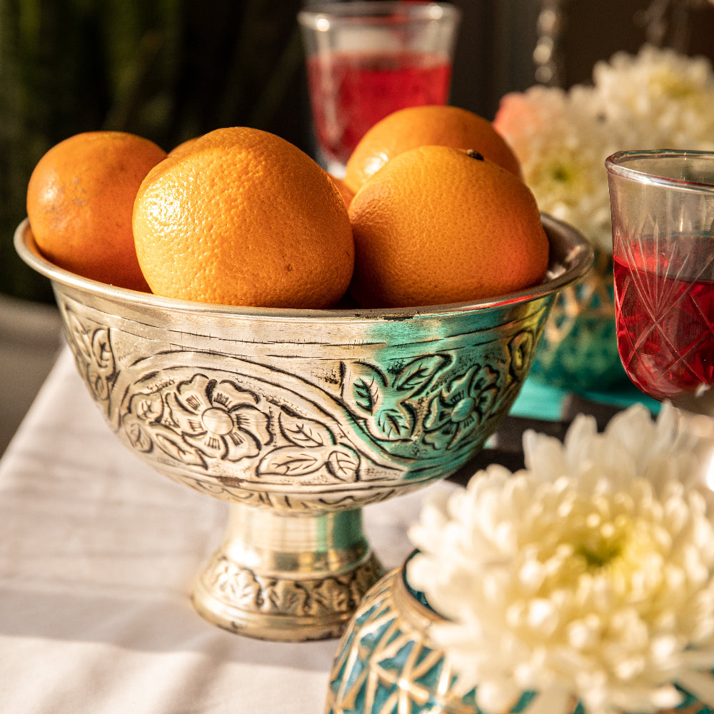 Azrou Handcrafted Floral Engraved Metal Bowl