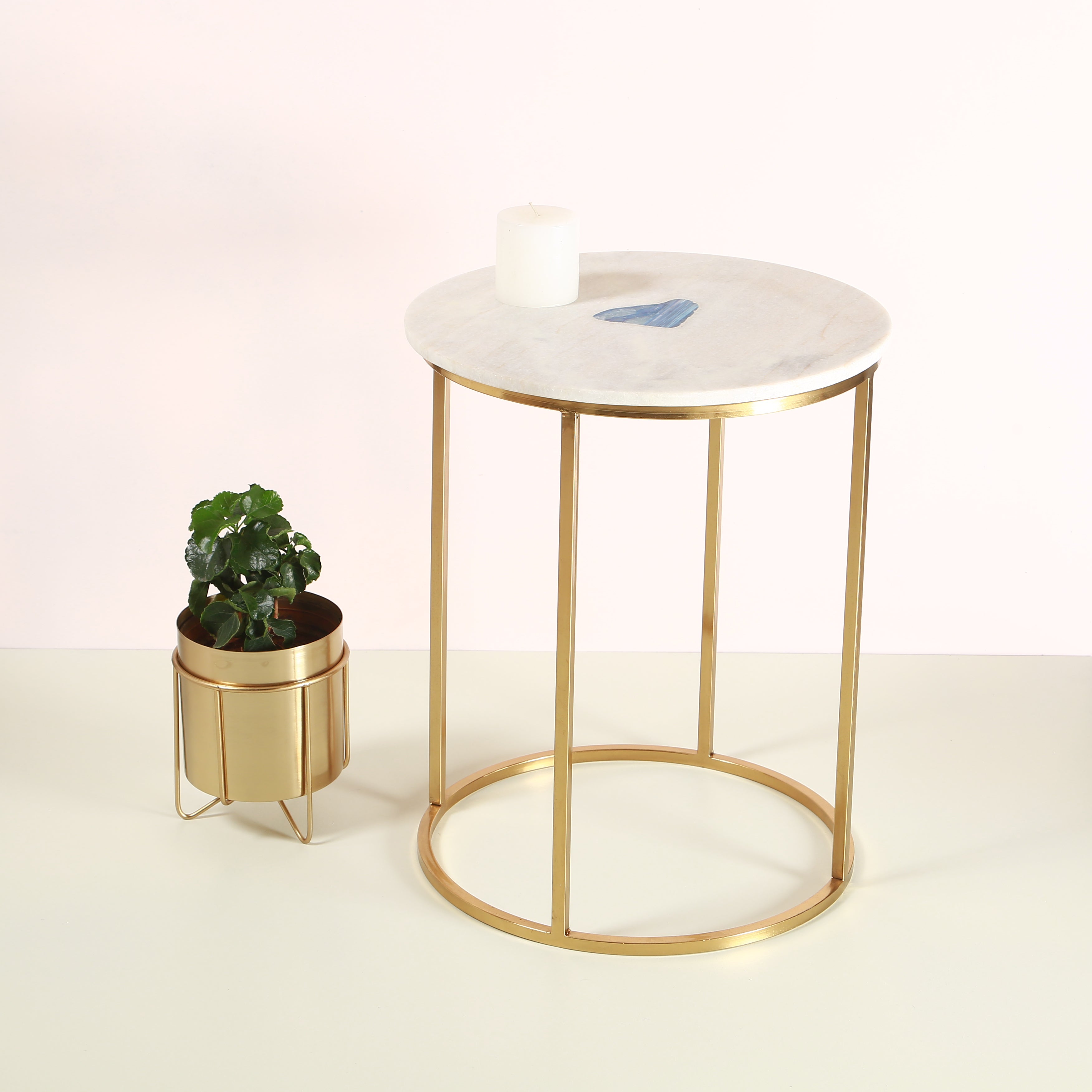 Marble and Agate Top and Round Metal Gold Accent Table 16x16x21 inch