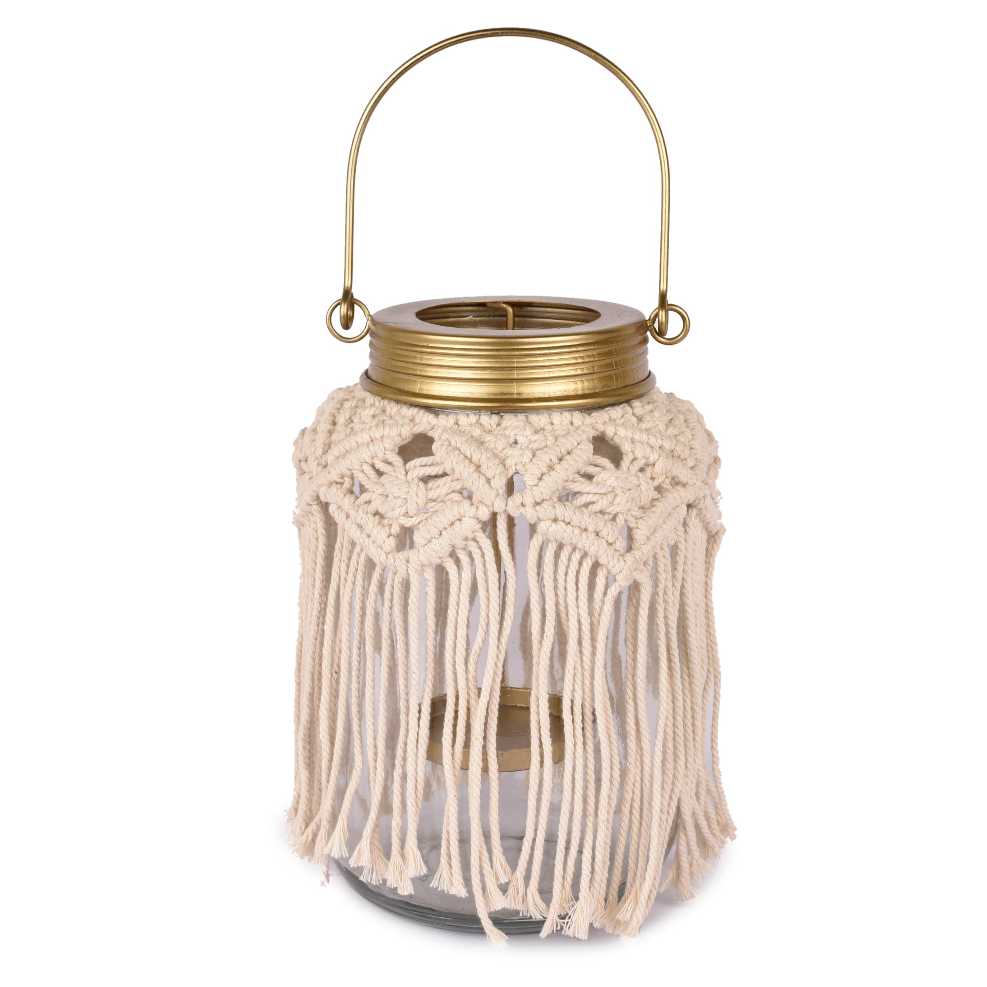 Macrame Glass Jar  Candle Holder With Gold Handle