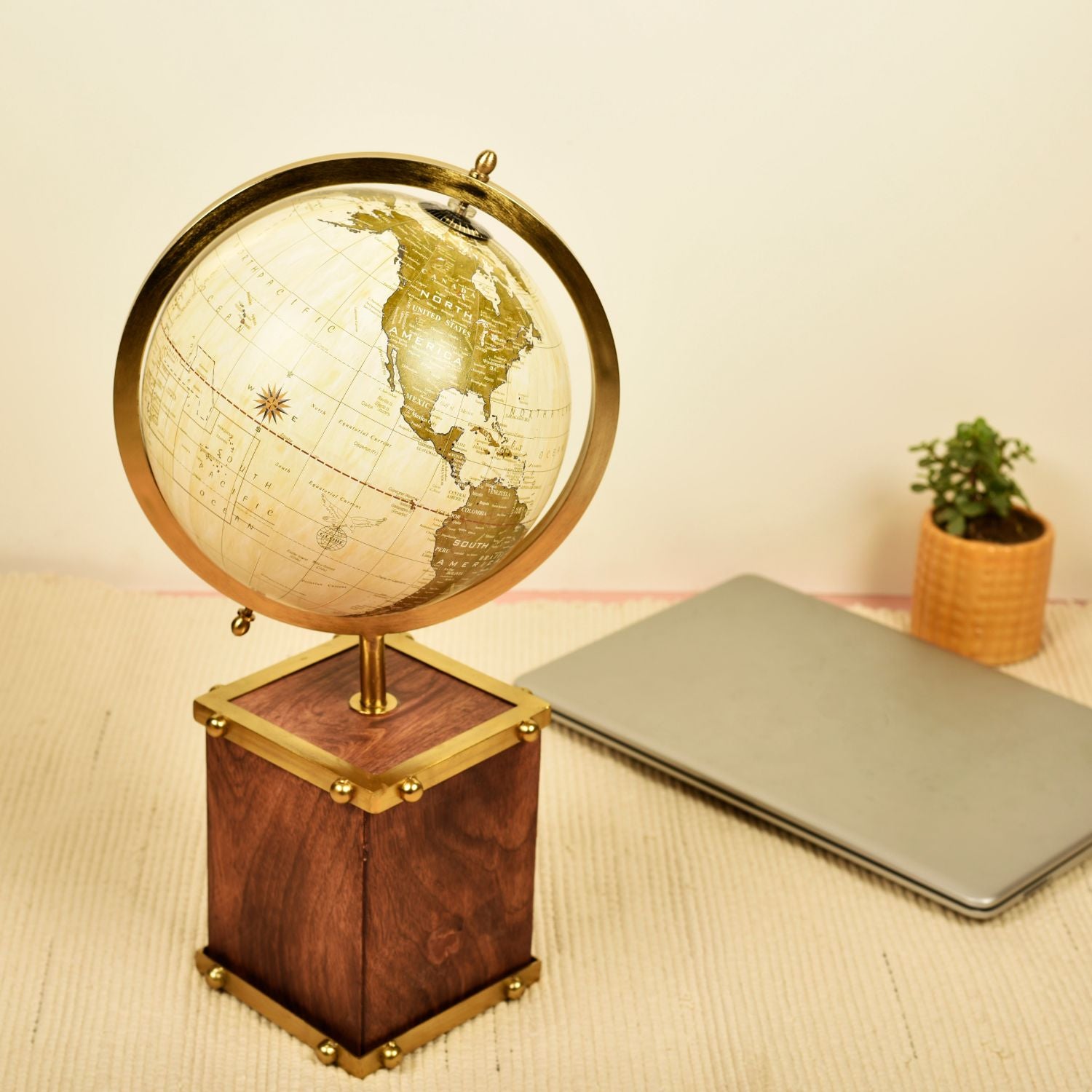 Globe with Wooden Base and Metal Ring 17 inches Tall