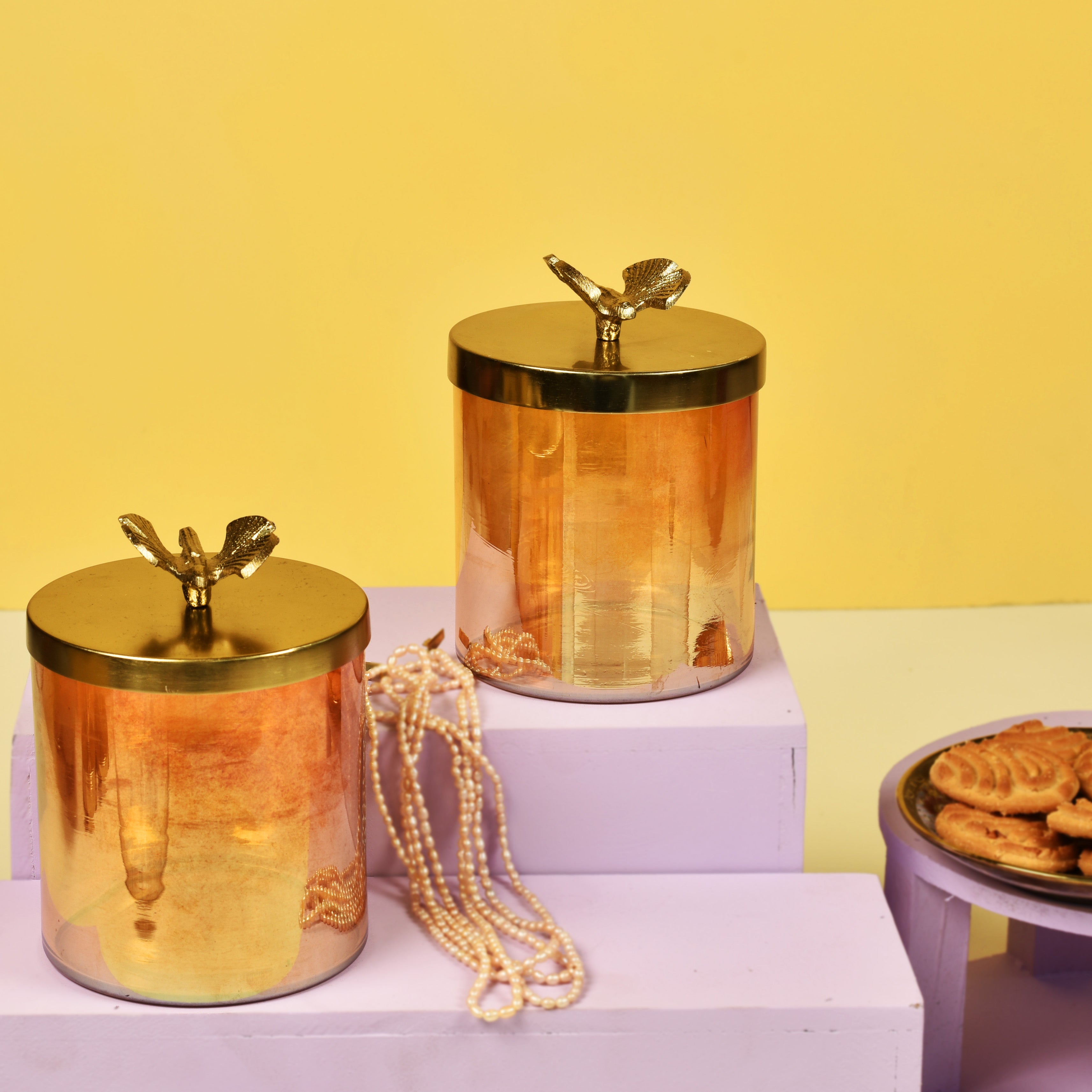 Waterfly Lustre Glass and Gold Jars Set of 2