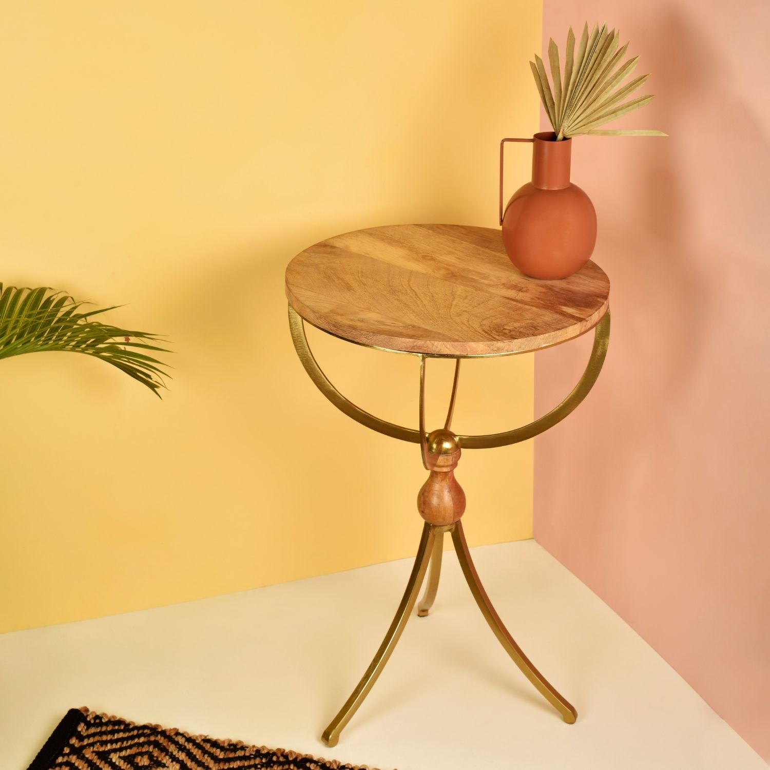 Wooden top Accent Table with  Natural Wood and Iron Finish 23 inches Tall