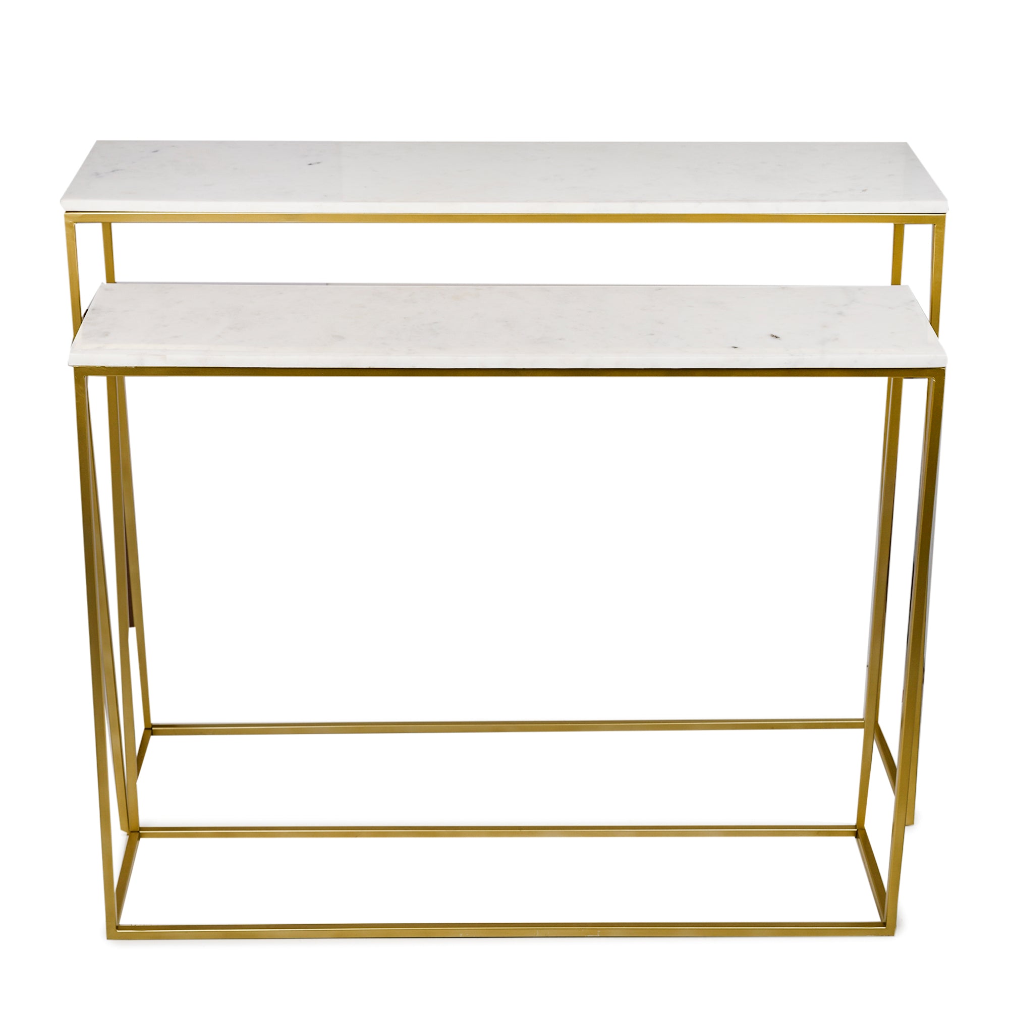 Nested Console Table Set of 2 Marble Top Gold Finish Legs 35 Inches Long