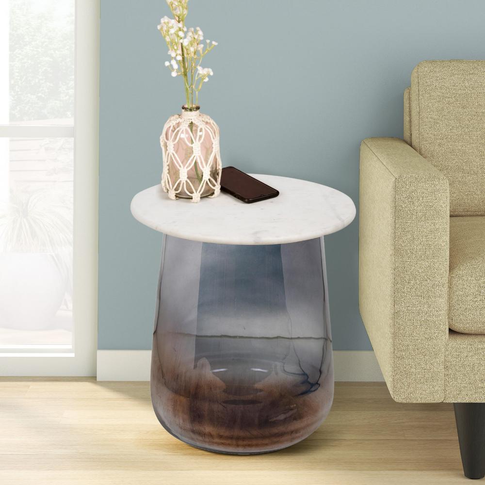 Smokey Glass Bottom with Marble Top Accent Side Table 20 inches Tall