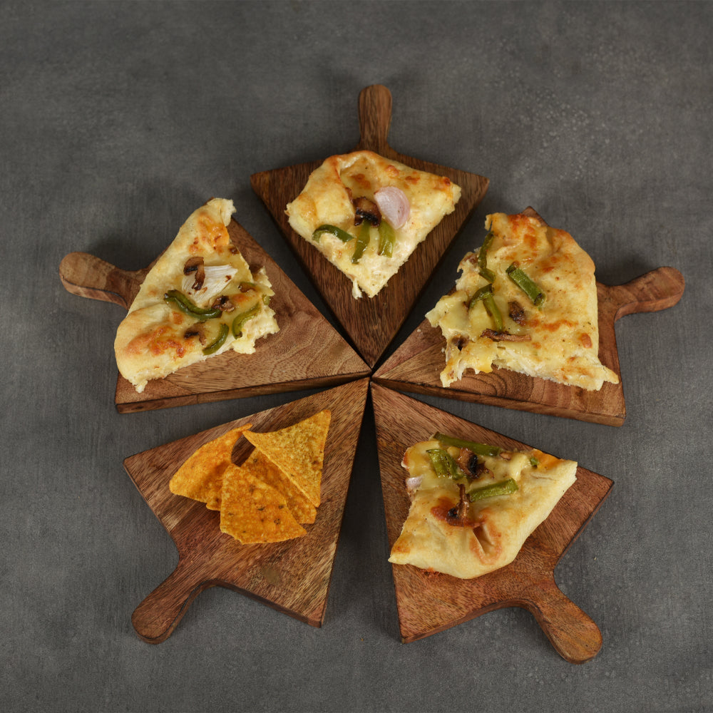 Five slices of pizza on wooden boards arranged in a circular pattern on a gray background.