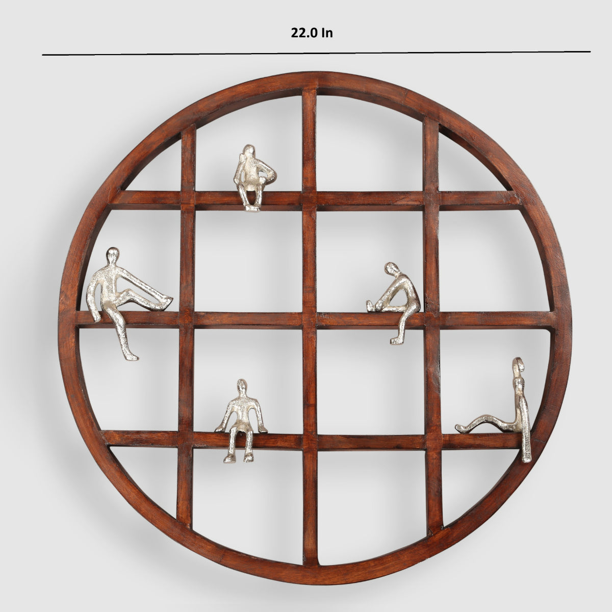 Wooden wall shelf with circular design and metallic figures on a light gray background