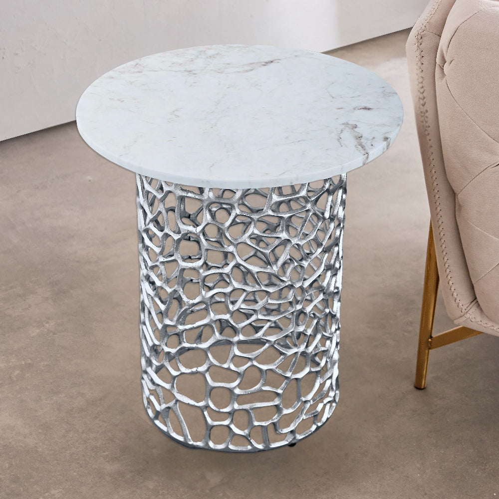 Dolce Marble Top Round End Table for Living Room Silver