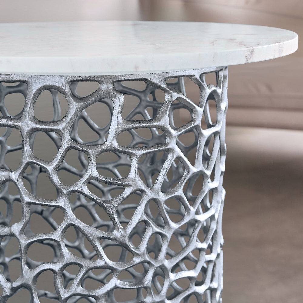 Dolce Marble Top Round End Table for Living Room Silver