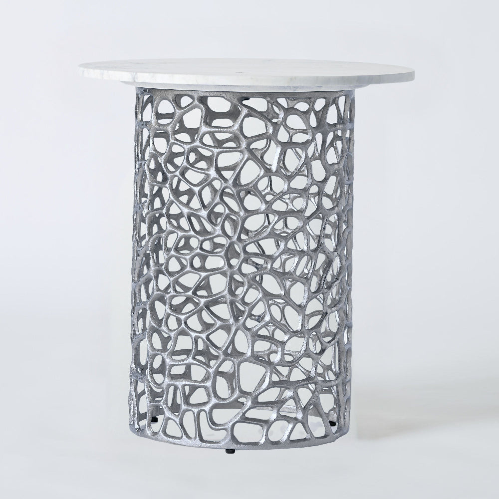 Dolce Marble Top Round End Table for Living Room Silver