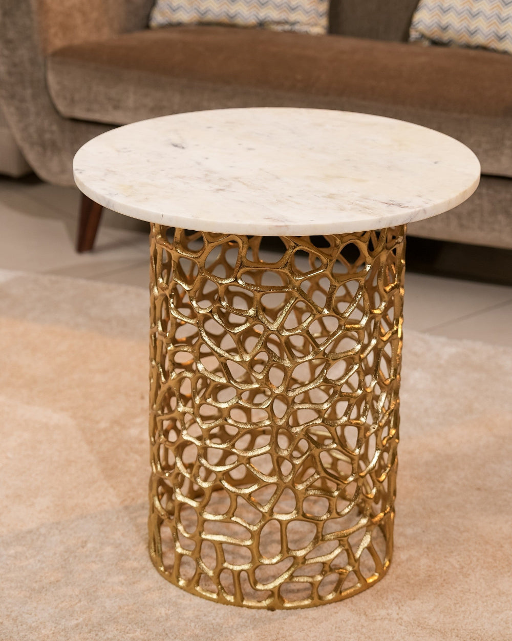 Dolce Marble Top Round End Table-Gold