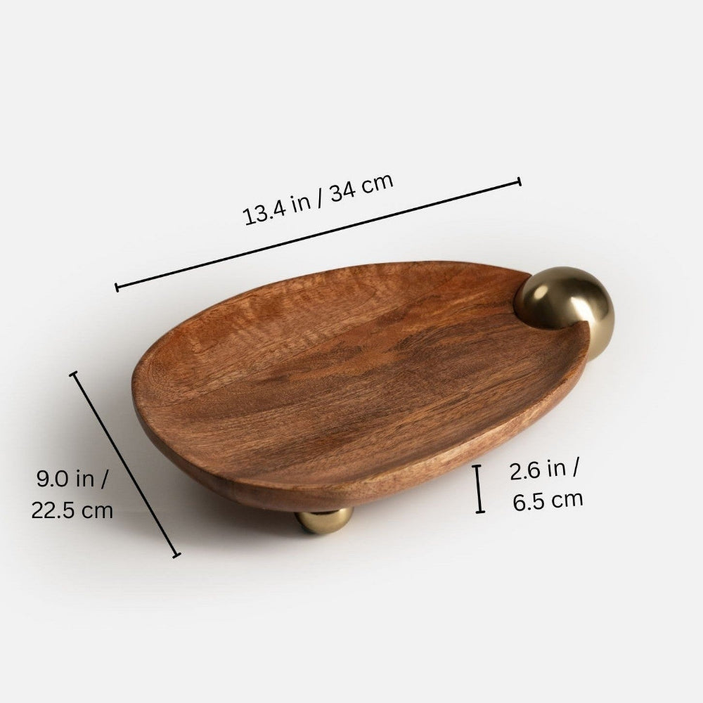 Wooden tray with brass handle and measurements on a white background