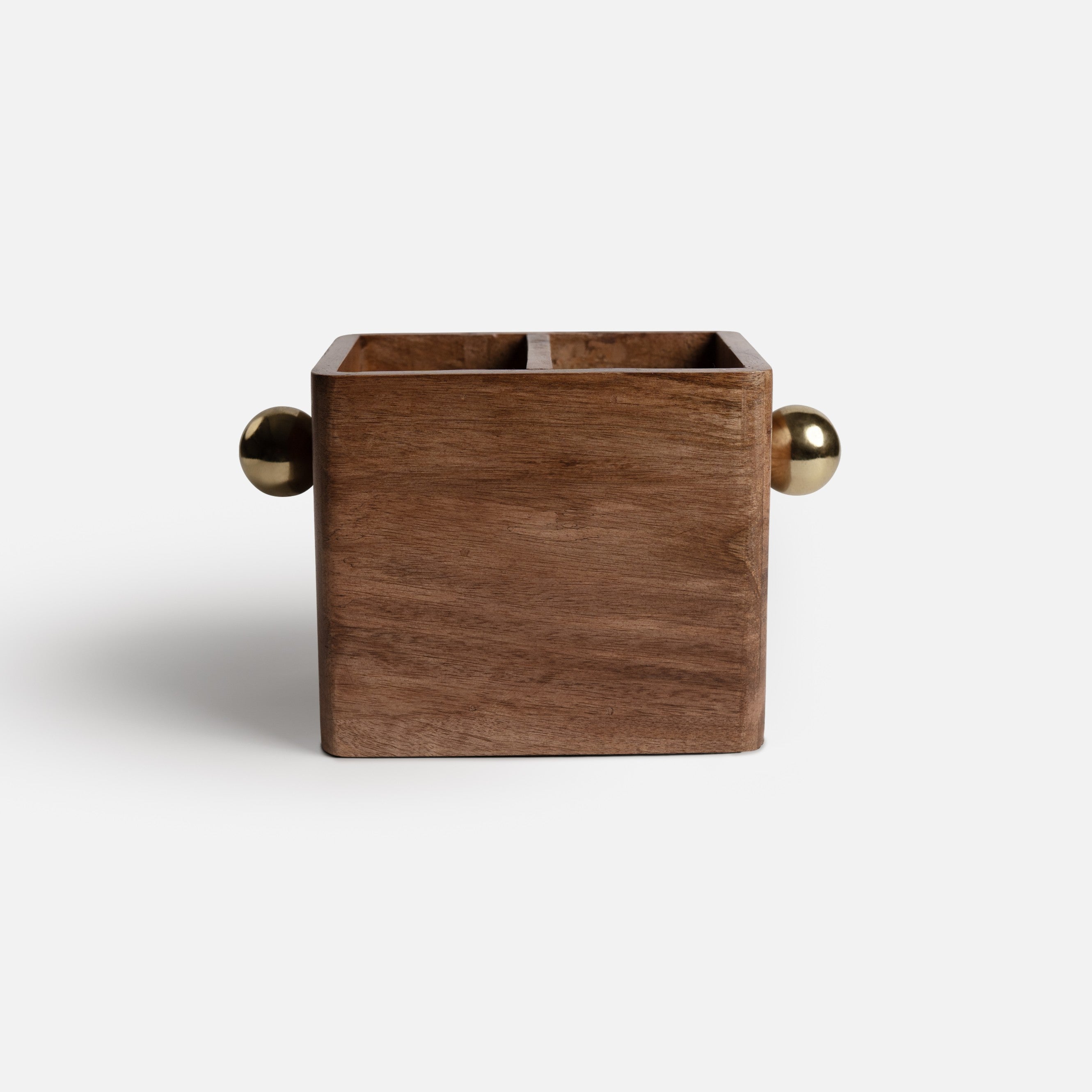 Wooden cube-shaped container with gold accents on a white background