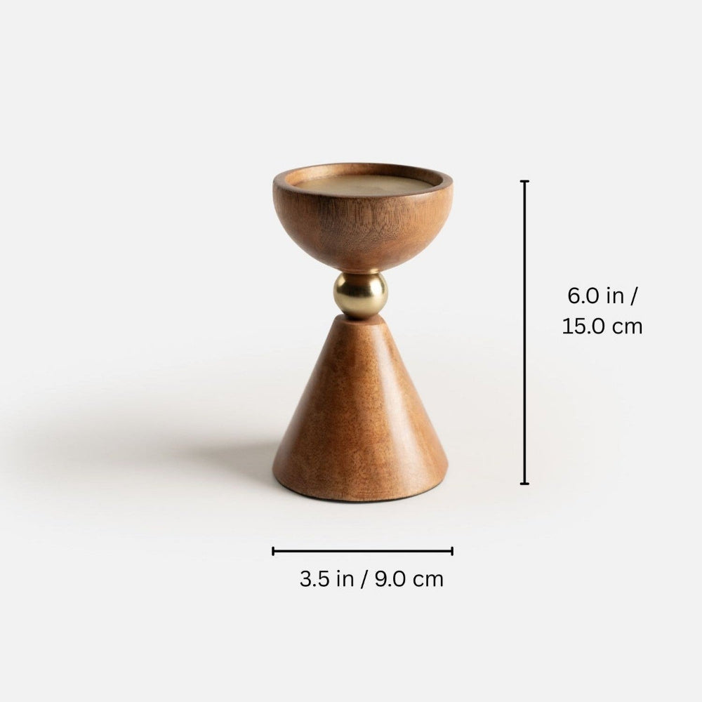 Wooden candle holder with gold accent and measurements on a white background