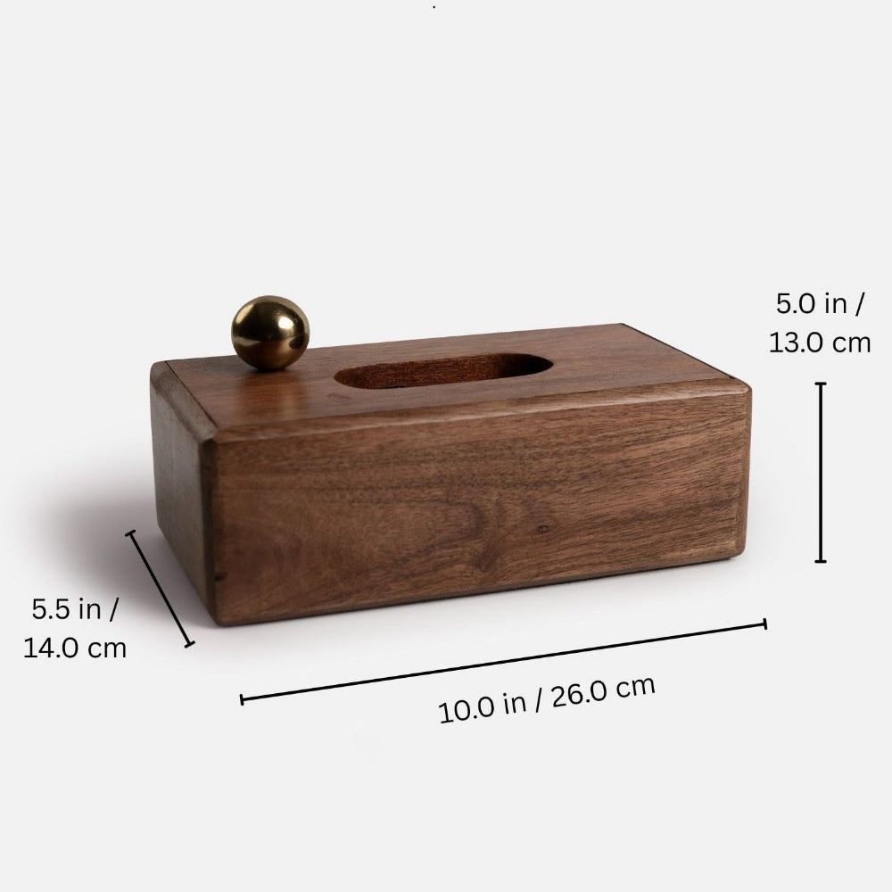 Wooden tissue box with a gold ball on top, shown with dimensions on a white background