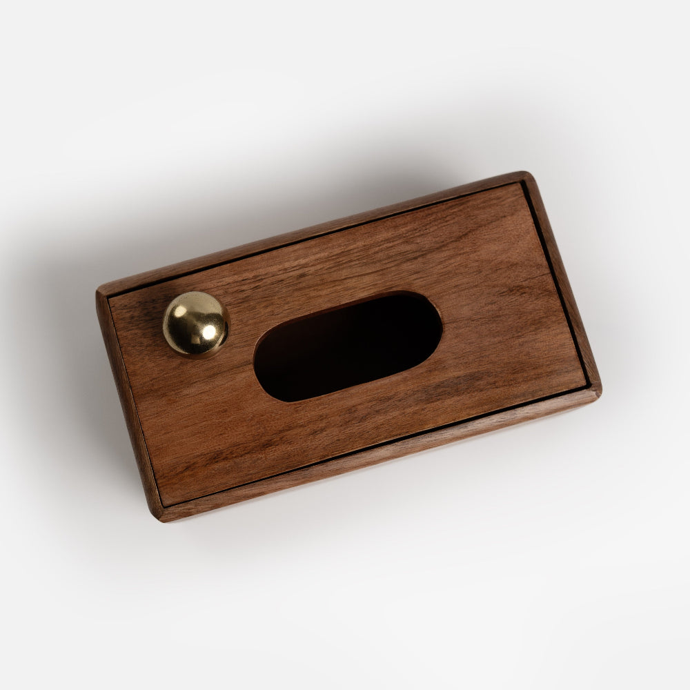 Wooden tissue box with a gold fixture on a white background