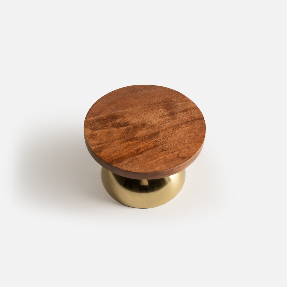 Wooden knob on a brass base against a white background